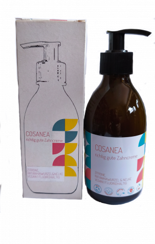 Lemon-Ratanhia root-clove toothpaste (contains fluoride), starter set (glass bottle + pump dispenser), 250 ml