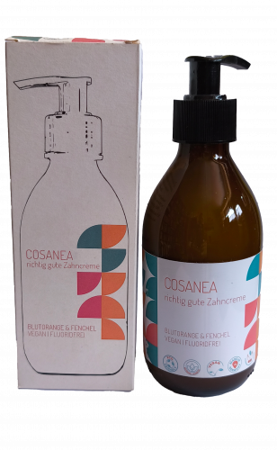 Zahncreme Blutorange-Fenchel (fluoridfrei), Starterset (Glasflasche + Pumpspender), 250 ml