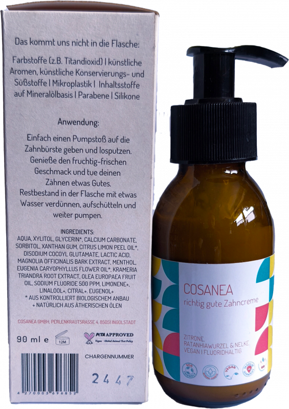 Lemon-Ratanhia root-clove toothpaste (contains fluoride), travel size (glass bottle + pump dispenser), 90 ml