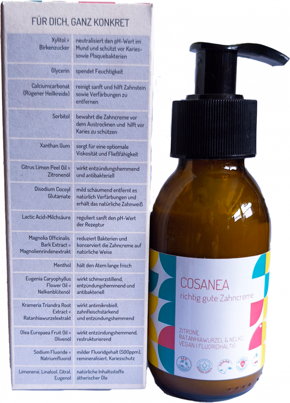 Lemon-Ratanhia root-clove toothpaste (contains fluoride), travel size (glass bottle + pump dispenser), 90 ml