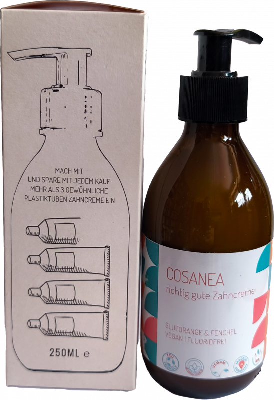 Toothpaste blood orange-fennel (fluoride-free), starter set (glass bottle + pump dispenser), 250 ml